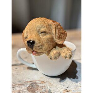 Sleeping Puppy Figurine In White Ceramic Cup - Rustic Decor Accent